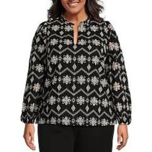 Sugarlips Embroidered Boho Long Sleeve Blouse Top Shirt Black White 1X